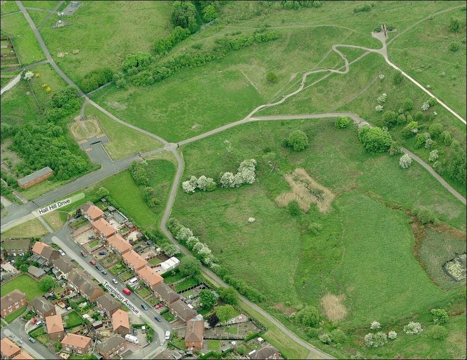 at the top right are the four wheels set on the levelled off spoil heap of Mossfield Colliery