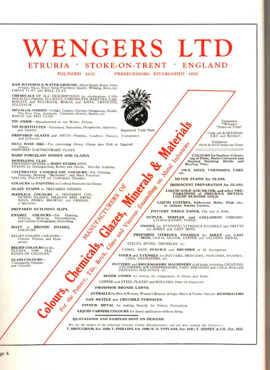 Wengers Ltd (Etruria) (colours, glazes, minerals, raw materials etc.)