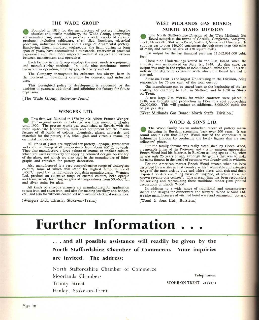 A guide to some of the leading firms of North Staffordshire, The Wade group, Wengers Ltd, West Midlands Gas Board, Wood & Sons.