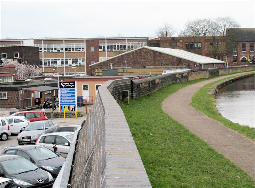 looking back along the canal to Stoke Road - on the left is the Cauldon Campus of Stoke-on-Trent College