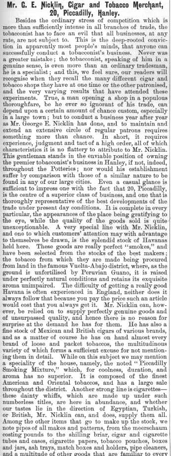 Mr. G. E. Nicklin, Cigar and Tobacco Merchant,