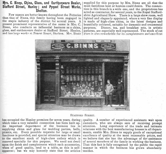 Mrs. C. Binns, China, Glass and Earthenware Dealer,