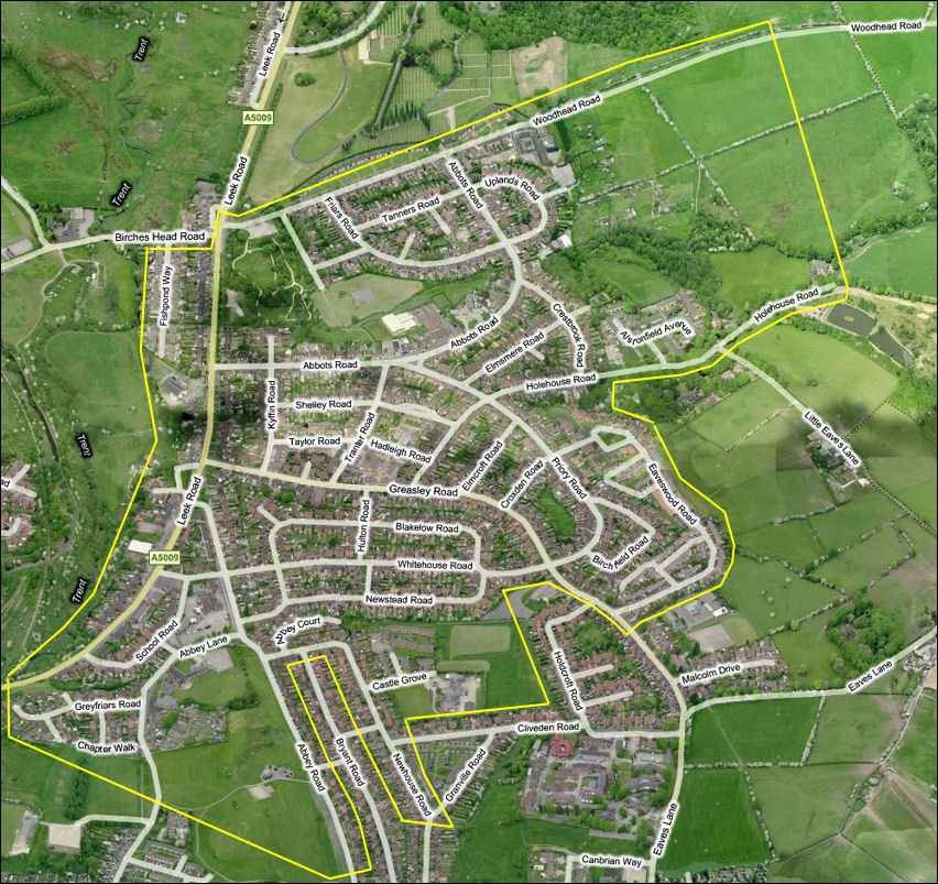 extent of Abbey Hulton, Stoke-on-Trent - the River Trent on the left  