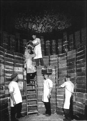 A 'bottle' oven interior. 'Setting in' prior to firing.