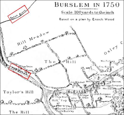 1750 map showing location of The Sytch & Sytch Brook