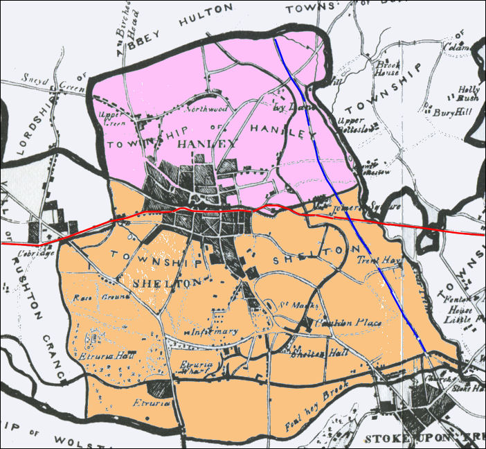 Hanley and Shelton from 1842 map of the Borough of Stoke-upon-Trent by Michael Scott 