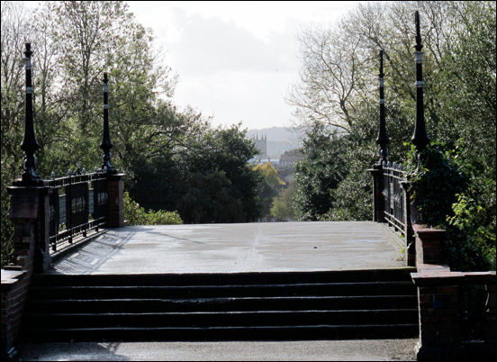 the bridge over the Cauldon canal - the tower of Stt. Peter's church in the distance 