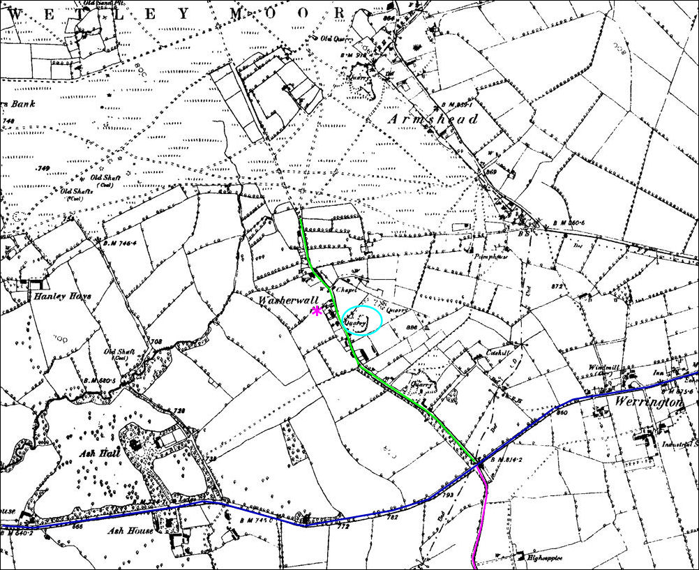 1890 map of Ash Hall, Washerwall, Werrington and Armshead 