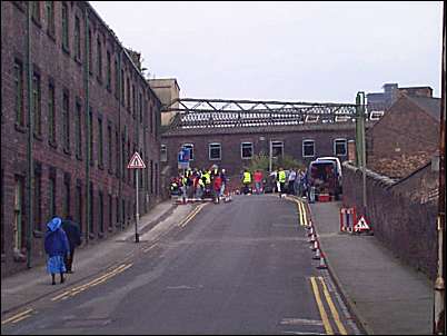 The film crew on the Eastwood Road bridge over the Caldon Canal