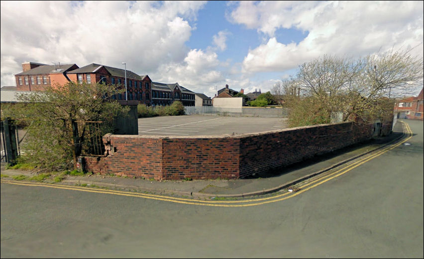 the view from Lawley Street - the remains of the Florence Works wall can be seen 