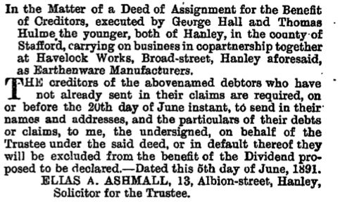 George Hall & Thomas Hulme earthenware manufacturers at Havelock Works, Broad Street, Hanley