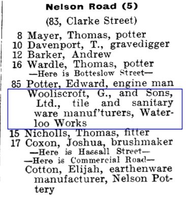 Nelson Road, Hanley - Woolliscroft, G and Sons, Ltd., tile and sanitary ware manufacturers, Waterloo Works