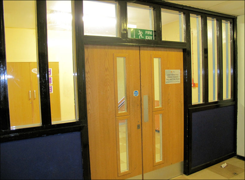 door partition at the top of the stairs - with vertical windows for emphasis