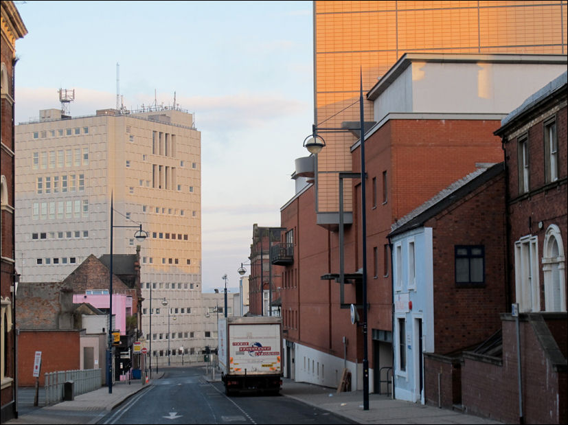 The view down Pall Mall - at the bottom is the telephone exchange - on the right is the Regent Theatre 