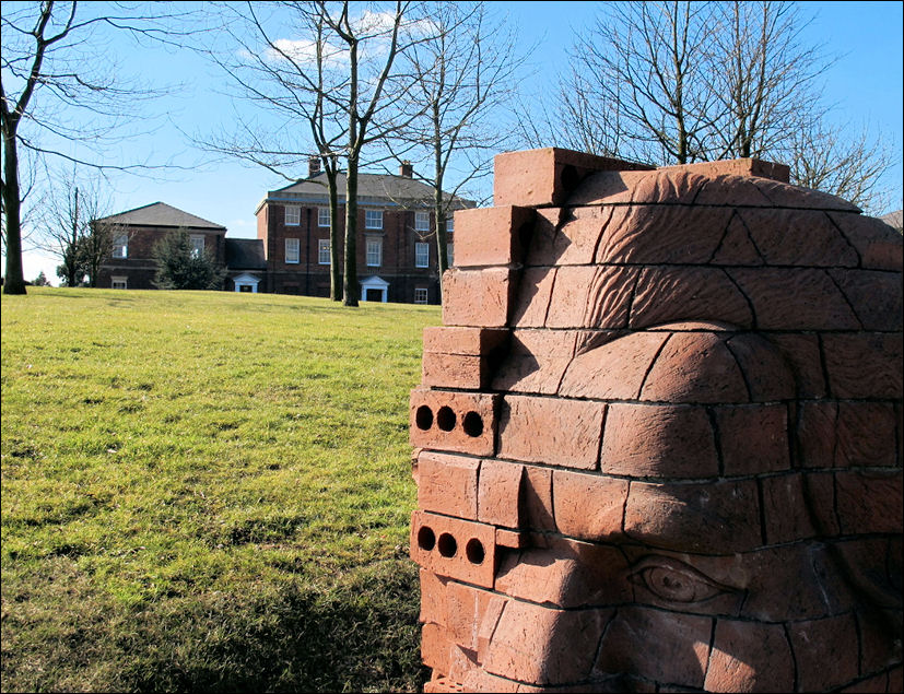 the rear of Etruria Hall and the brick statue of Josiah Wedgwood I